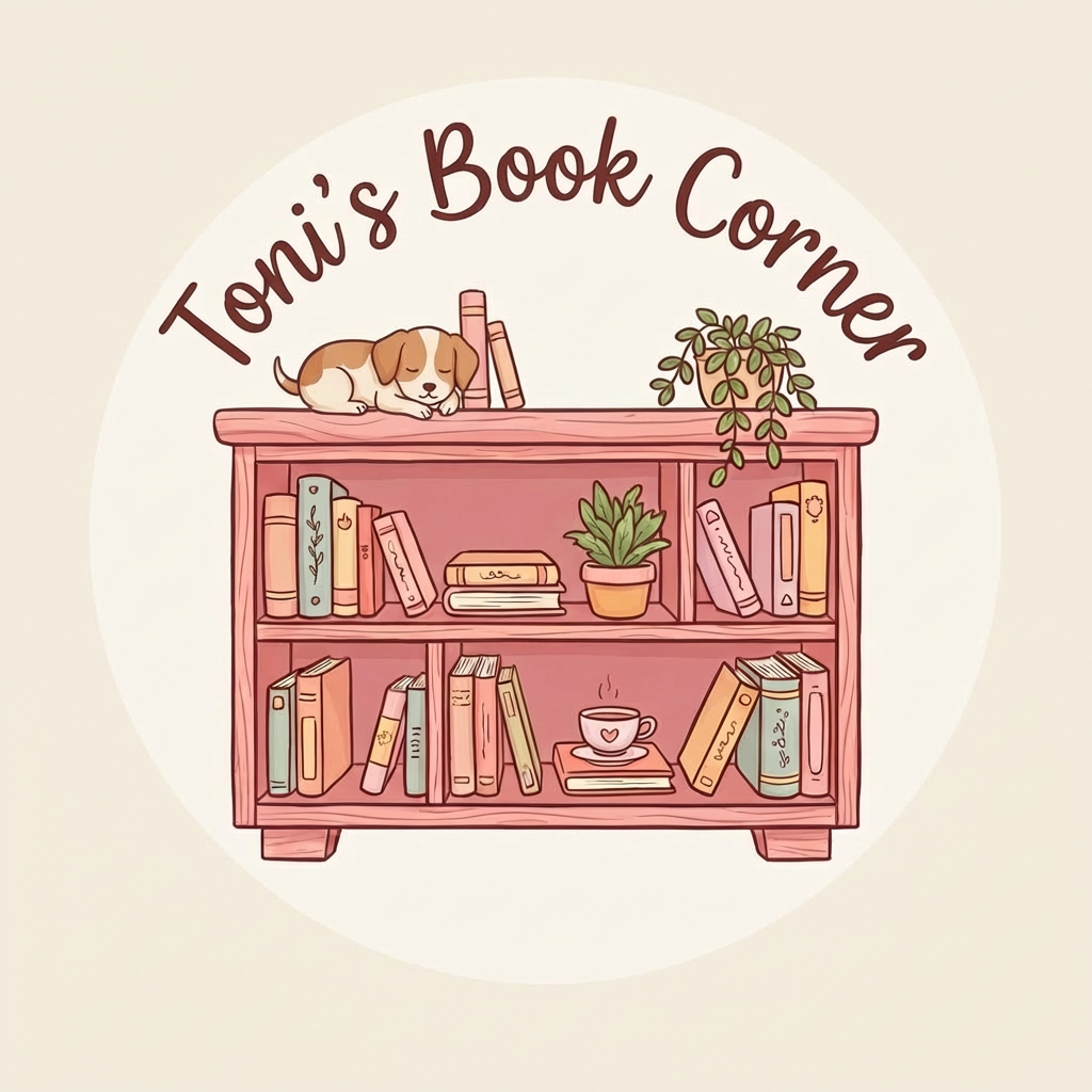 Logo for Toni's Book Corner featuring a pink bookshelf with books, a cat, and text reading pink bookshelf.